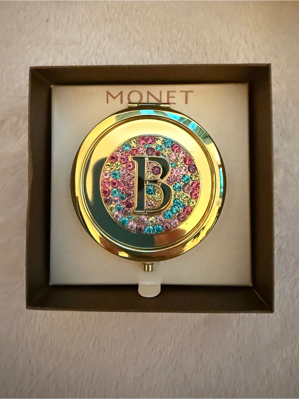 NWT~Monet Gold Accent Letter *B* Mirror featuring Beautiful Gems!!NEW IN BOX!